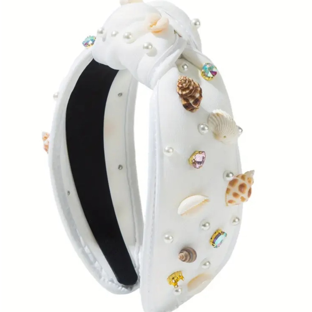 White Headband with Seashell and Pearl Embellishments